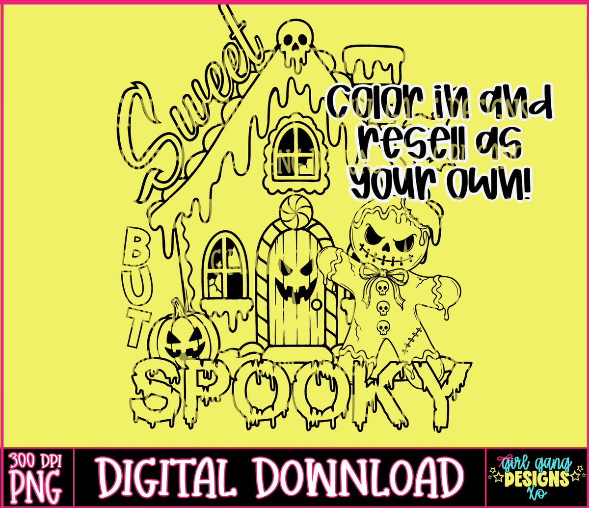 EXCLUSIVE sweet but spooky gingerbread house png outline - color in and resell as your own!