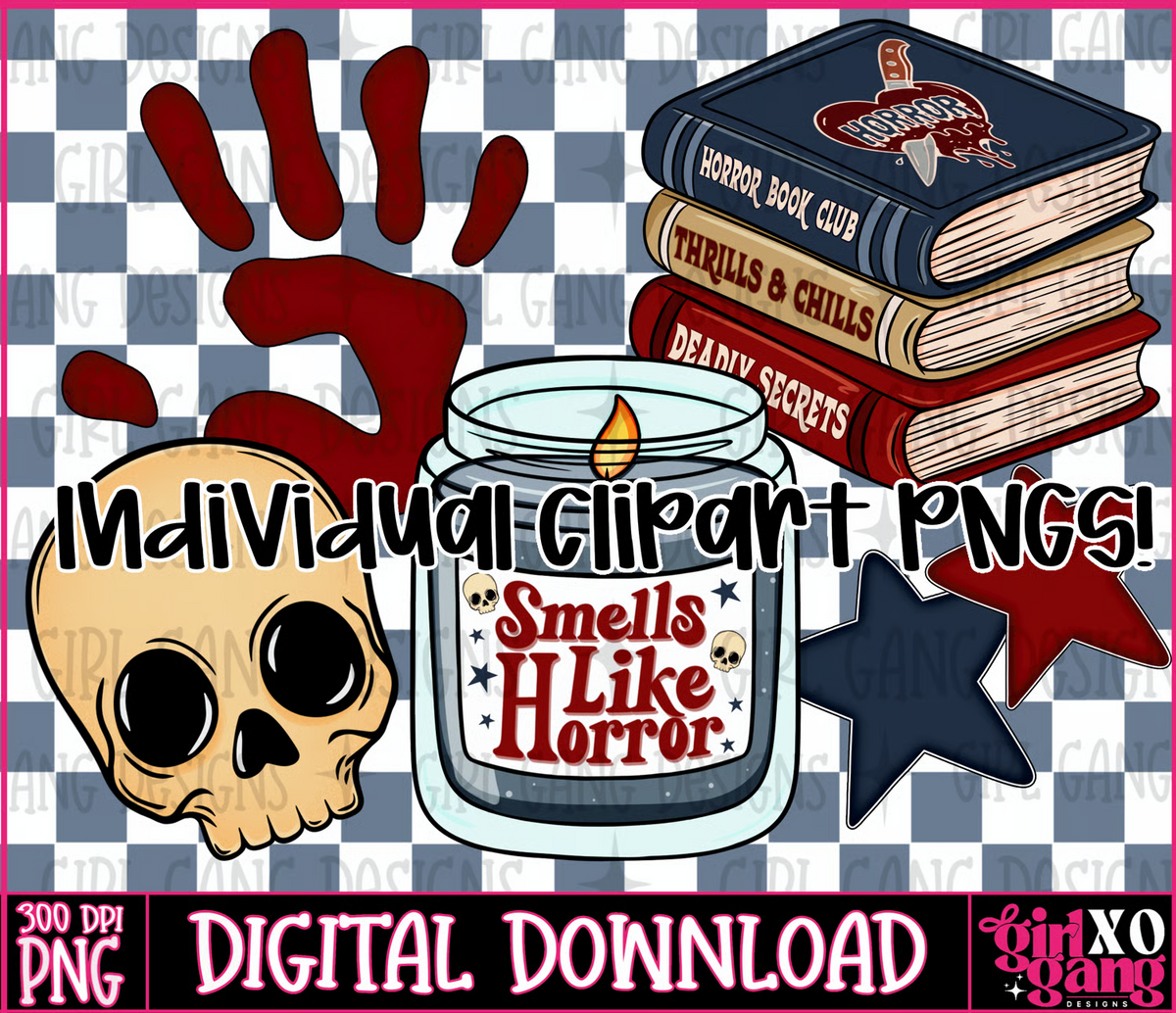 Horror bookish clipart png hand drawn set | true crime candle, skull, books