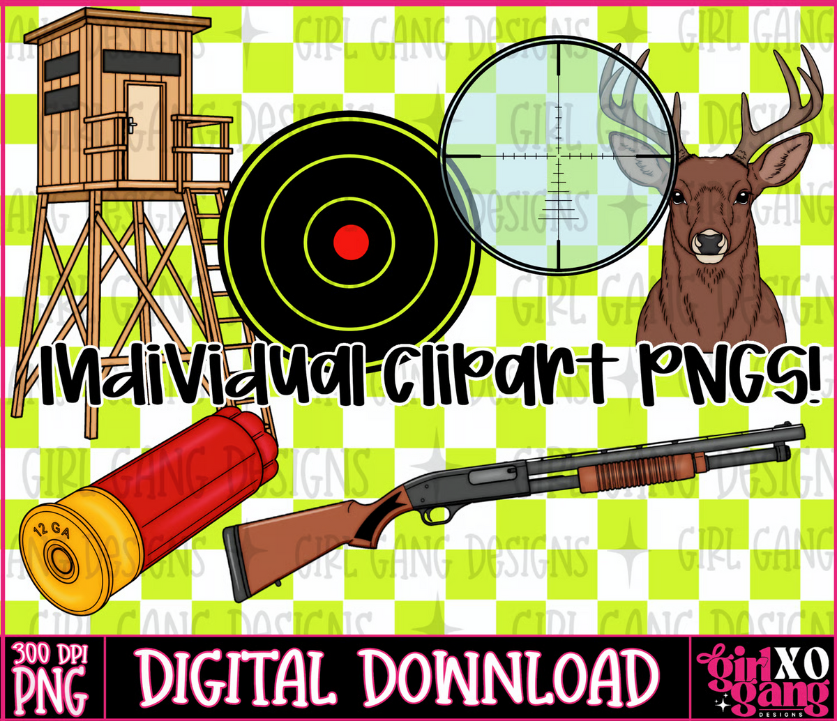 Deer hunting Clipart bundle | hand drawn deer, shotgun, scope, deer stand
