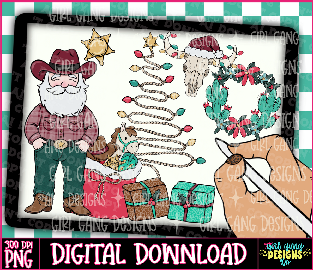 Western country Christmas clipart bundle |cowboy Santa, cowboy rope Christmas tree etc