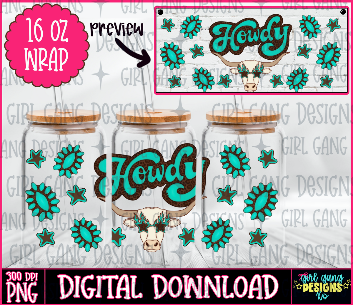 Western howdy turquoise 16 oz glass can wrap png digital download