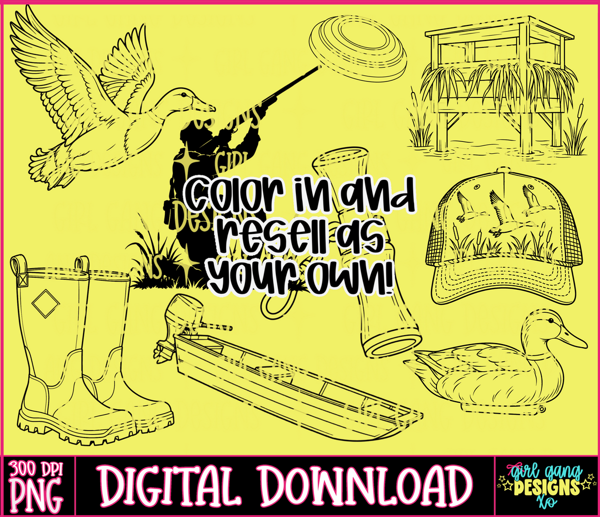 Duck hunting outline png set - commercial use, color in and resell