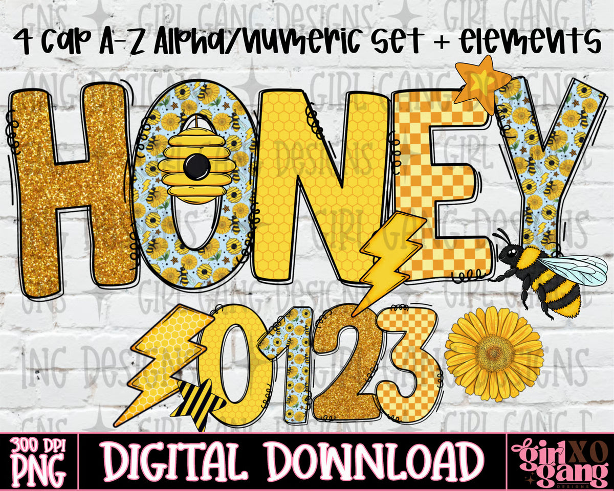 Honey bee alpha set png letters | 4 cap and numeric letters plus elements included