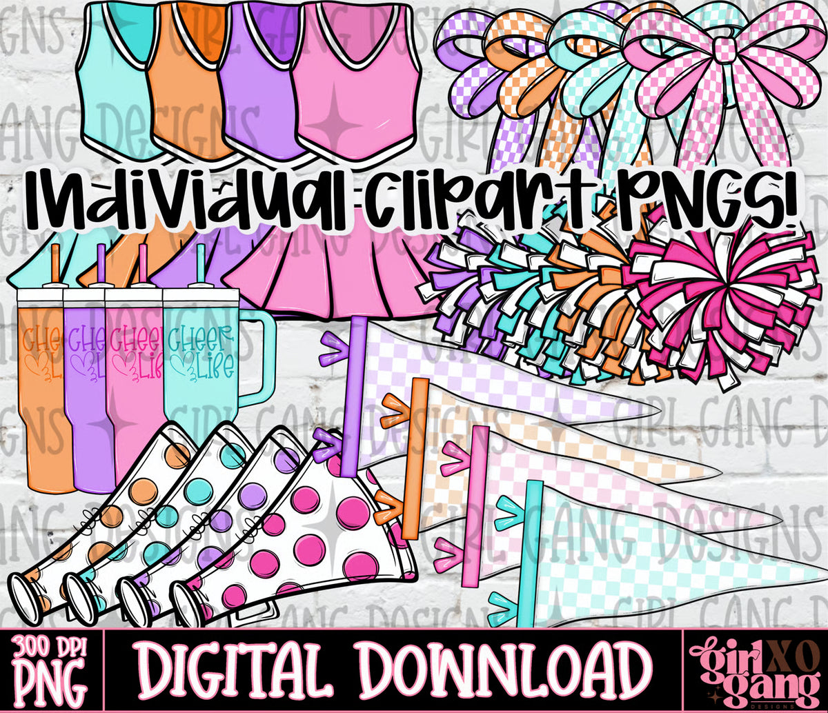 Cheer colorful clipart bundle png | Hand drawn cheer uniform pom pom etc