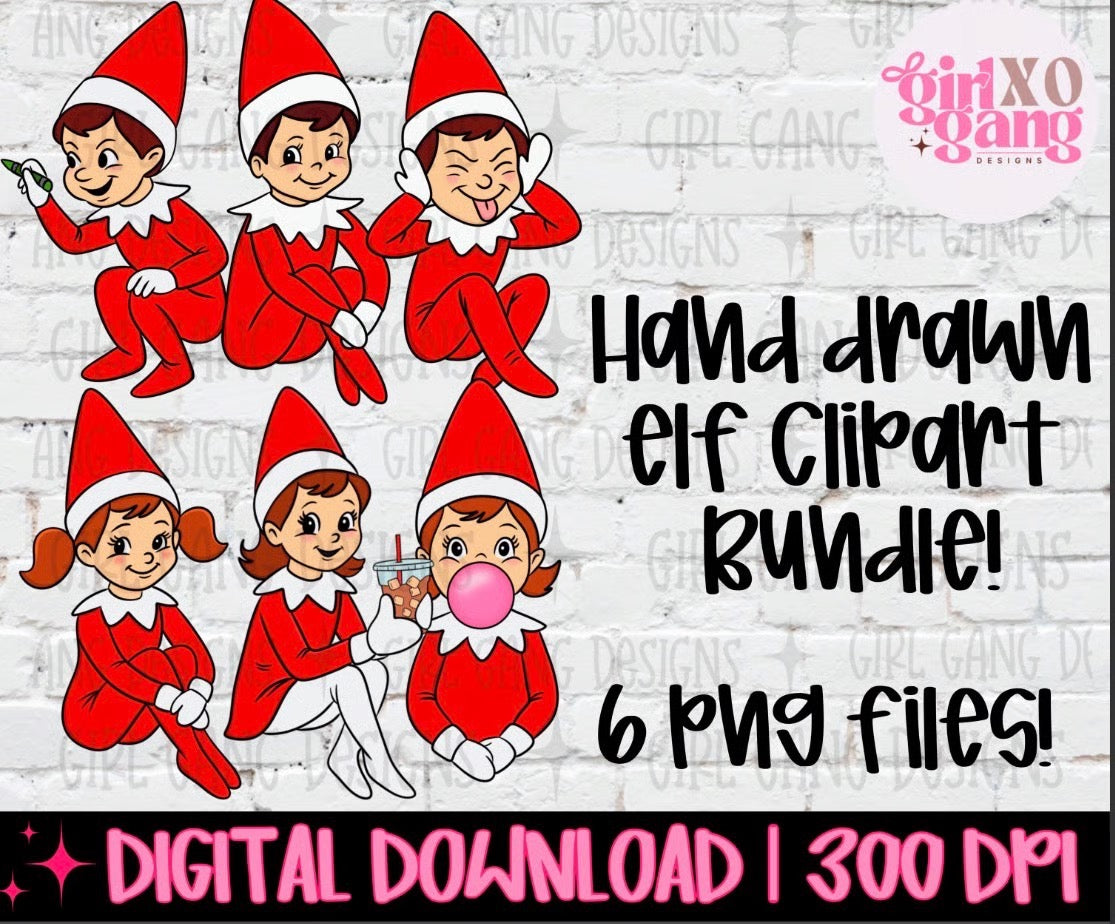 Diverse boy and girl Christmas elf clipart bundle featuring six individual 300-DPI PNG designs