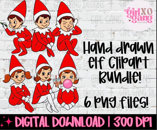 Diverse boy and girl Christmas elf clipart bundle featuring six individual 300-DPI PNG designs