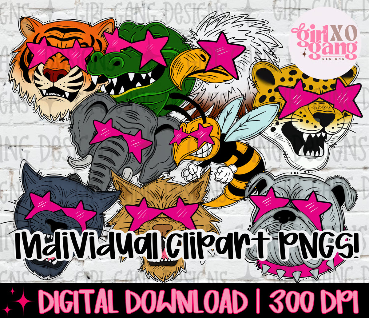 A digital clipart bundle preview featuring multiple cartoon animal faces wearing bright pink star-shaped sunglasses. The animals include a tiger, crocodile, eagle, leopard, bee, elephant, wolf, bulldog, and cat, with text reading 'Individual Clipart PNGS!' and 'DIGITAL DOWNLOAD | 300 DPI'.