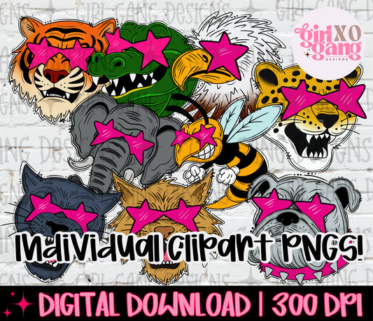 A digital clipart bundle preview featuring multiple cartoon animal faces wearing bright pink star-shaped sunglasses. The animals include a tiger, crocodile, eagle, leopard, bee, elephant, wolf, bulldog, and cat, with text reading 'Individual Clipart PNGS!' and 'DIGITAL DOWNLOAD | 300 DPI'.