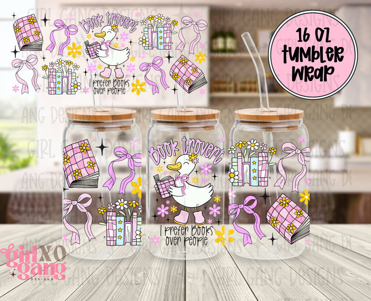 Booktrovert goose 16 oz glass can wrap png digital download | Cute book coquette goose cup wrap 