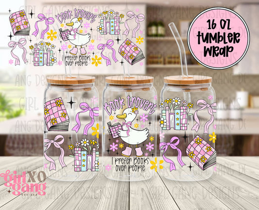 Booktrovert goose 16 oz glass can wrap png digital download | Cute book coquette goose cup wrap 