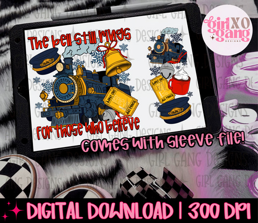 Digital download preview of a Christmas-themed train illustration displayed on a tablet screen, with text reading 'The bell still rings For those who believe' and 'Comes with sleeve file! DIGITAL DOWNLOAD | 300 DPI'. The design includes a blue train, yellow tickets, a red mug, and holiday graphics.