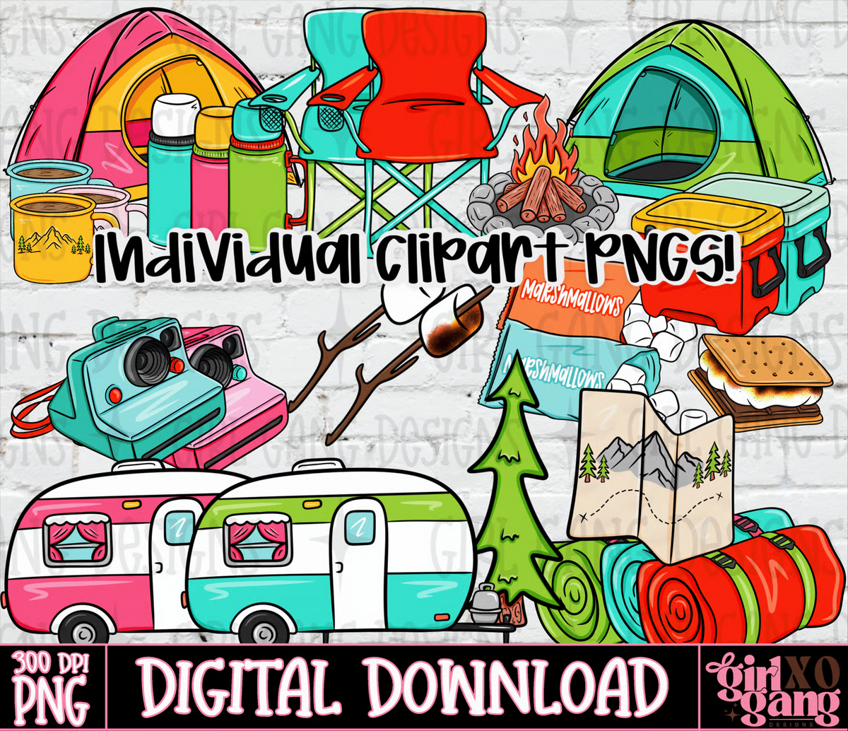 Colorful camping clipart bundle with campers, tents, campfire, chairs, coolers, s’mores, sleeping bags, mugs, and outdoor gear