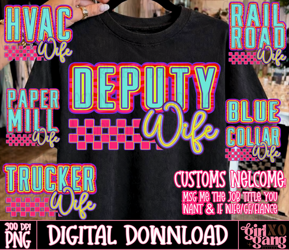 Customizable Job Title Wife PNG with colorful retro lettering and checkerboard accents, shown with multiple occupation examples