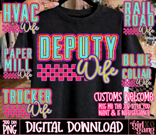 Customizable Job Title Wife PNG with colorful retro lettering and checkerboard accents, shown with multiple occupation examples