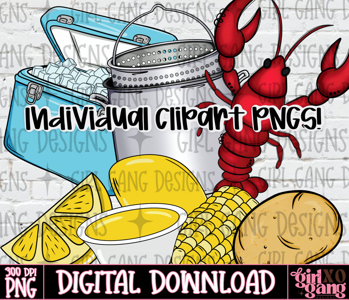 Digital clipart bundle preview featuring a red lobster, blue cooler, metal strainer, yellow corn, lemon slices, dipping sauce, and a potato on a white wood-textured background with text reading 'Individual clipart PNGs!' and 'Digital Download'.