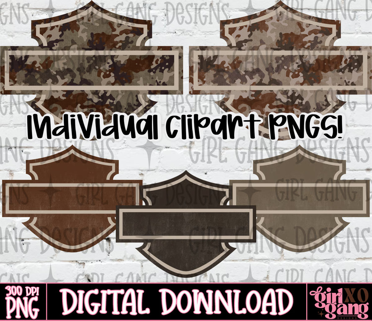 Digital clipart set featuring five vintage-style shield-shaped label templates in camouflage, brown, taupe, and black, with text overlays reading 'Individual clipart PNGS!' and 'DIGITAL DOWNLOAD'.