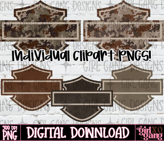 Digital clipart set featuring five vintage-style shield-shaped label templates in camouflage, brown, taupe, and black, with text overlays reading 'Individual clipart PNGS!' and 'DIGITAL DOWNLOAD'.