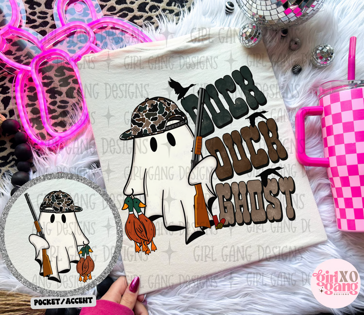 Duck Duck Ghost Halloween PNG featuring a camo-hat ghost hunter with a shotgun, ducks, and matching pocket accent