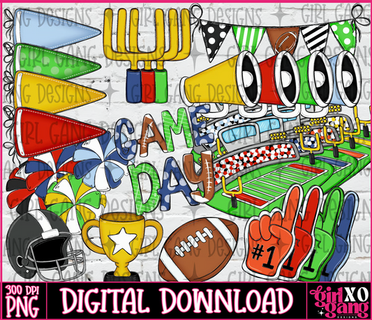 Football game-day clipart bundle with stadiums, megaphones, goalposts, pennants, helmets, cheer bows, trophy, and foam fingers