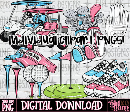 Golf-themed digital clipart bundle featuring a golf cart, golf clubs in a bag, a golf glove, tees, golf balls, a putting green with flag, and athletic shoes. Large text reads 'Individual clipart PNGS!' and 'DIGITAL DOWNLOAD', with a 'Girl Gang' logo.