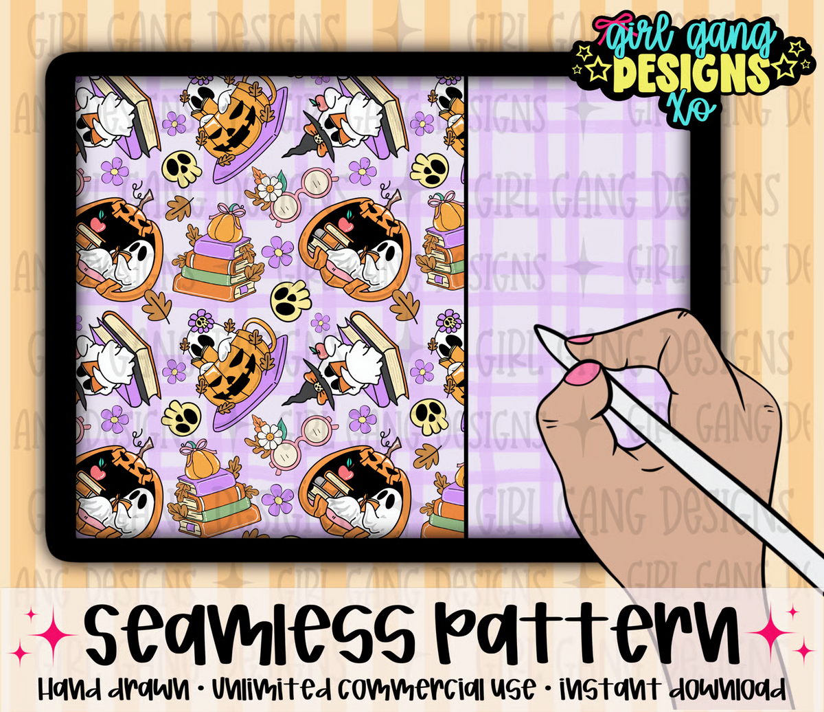 Ghost bookish seamless pattern with coords | purple Halloween plaid pattern