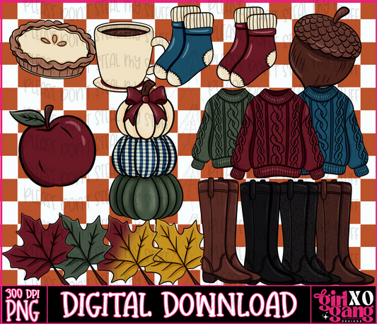 Fall cozy clipart png bundle boots, pumpkins sweaters acorns etc