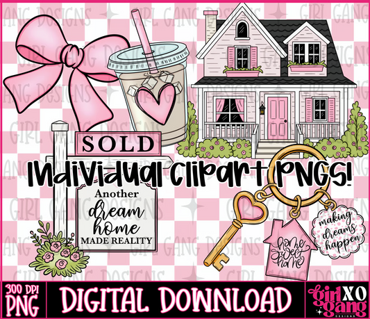 Pink realtor clipart png hand drawn set | iced coffee, sold sign, keys, house etc