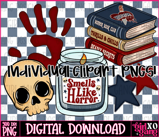 Horror bookish clipart png hand drawn set | true crime candle, skull, books