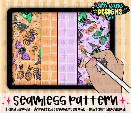 Cute Halloween seamless fall vibe seamless bundle of 4 png files plus cords