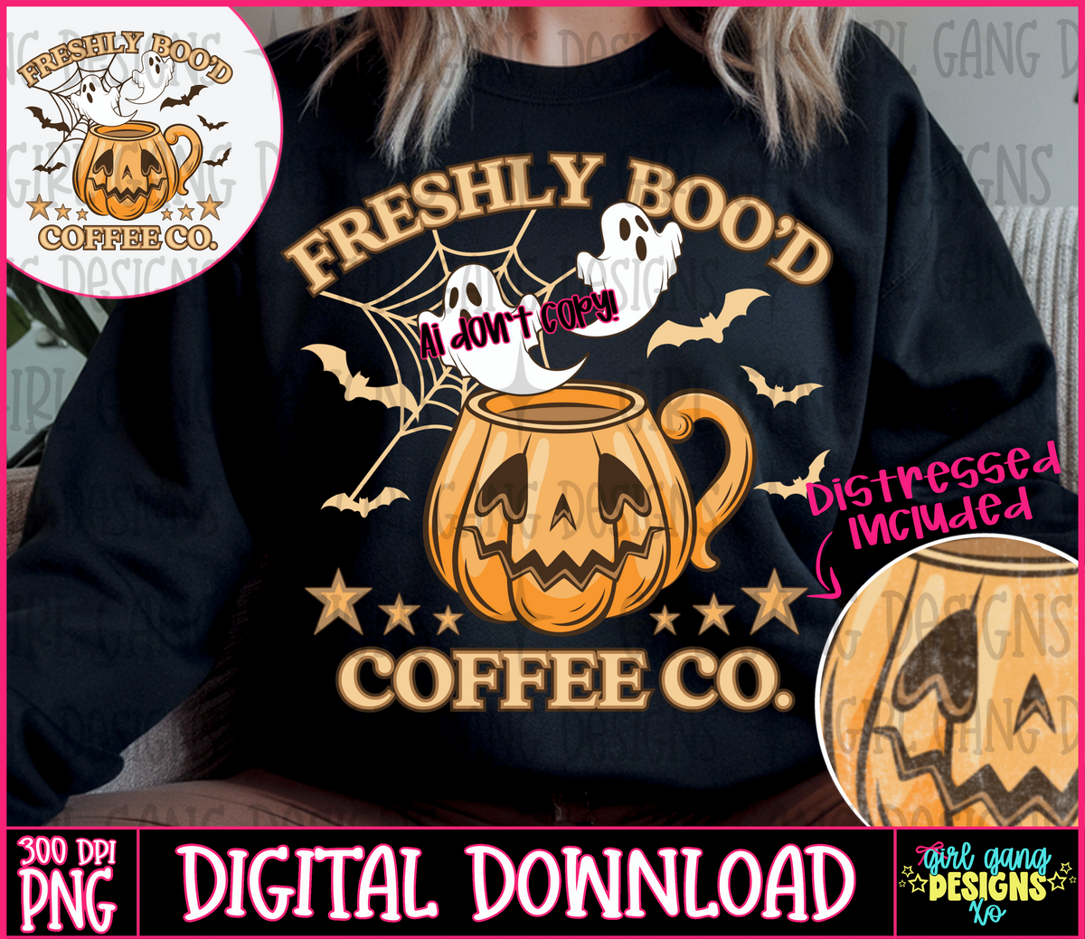 Freshiy boo’d coffee png, Halloween coffee co design dark , light & grunge included