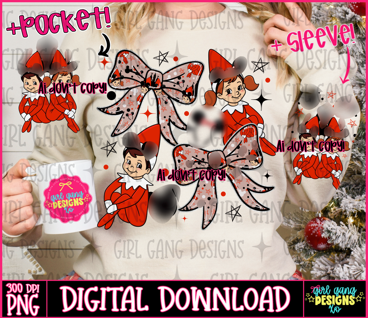 Elf magical png coquette with sleeve and pocket options seamless included! | Christmas elf mouse ear png