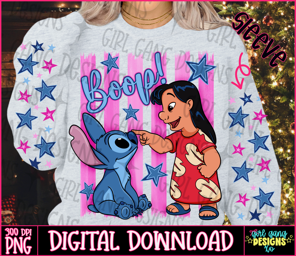 Boop stitch png design with sleeve | stripes stars pink blue