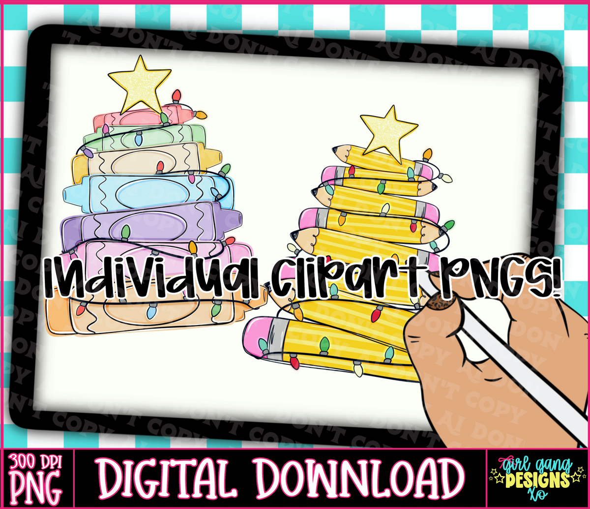 teacher christmas tree clipart PNGs, crayon tree, pencil tree hand drawn clipart