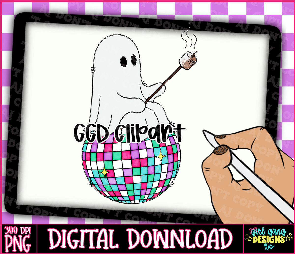 Ghost roasting marshmallow on a disco ball png clipart