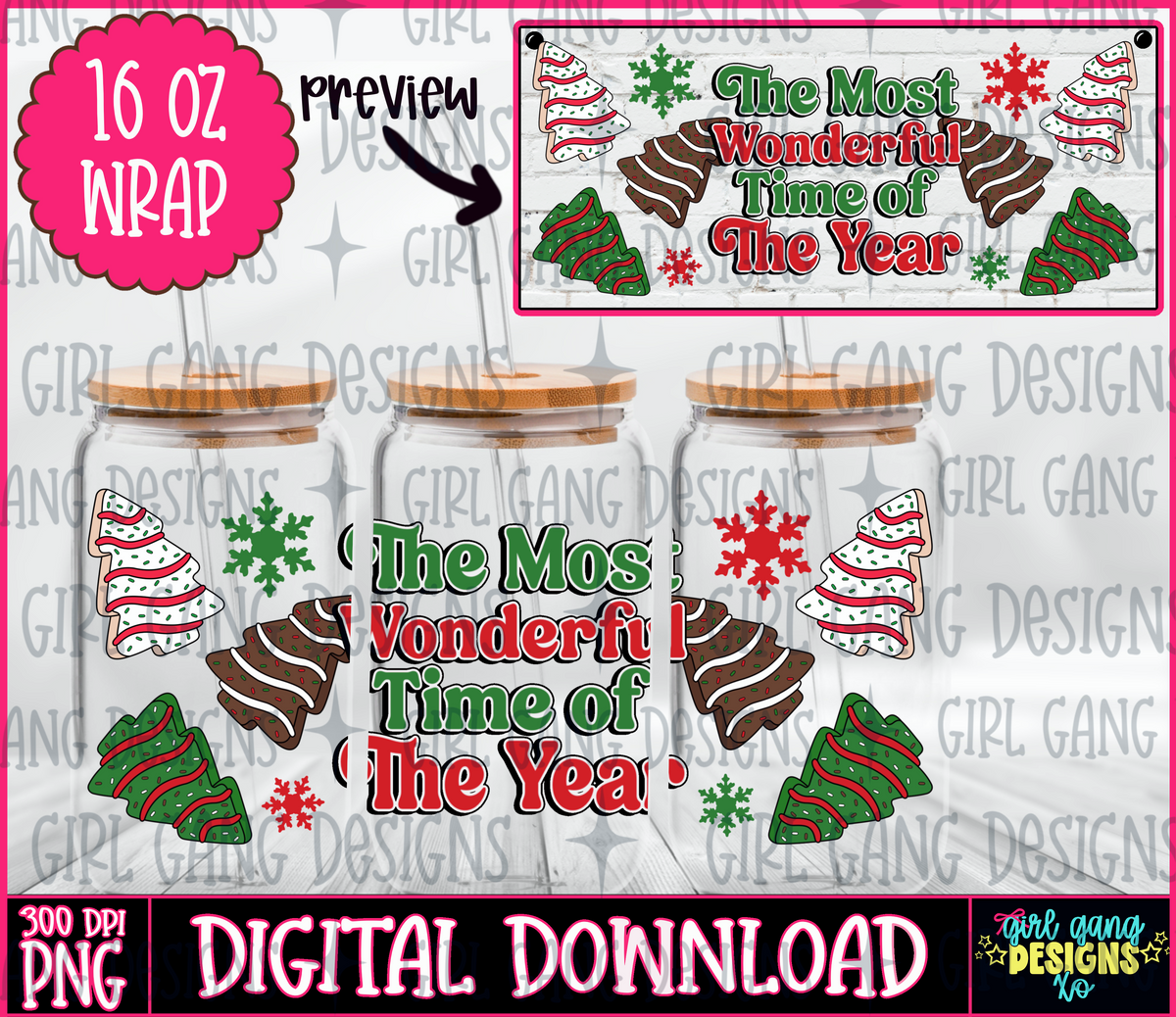 The most wonderful time of the year 16 oz glass can wrap png digital download Christmas cake