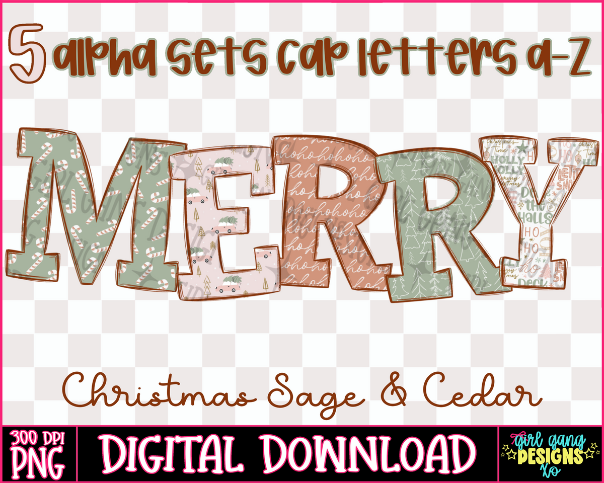 Christmas Sage and cedar Alpha set | 5 cap a-z letters, Sage pink vintage christmas