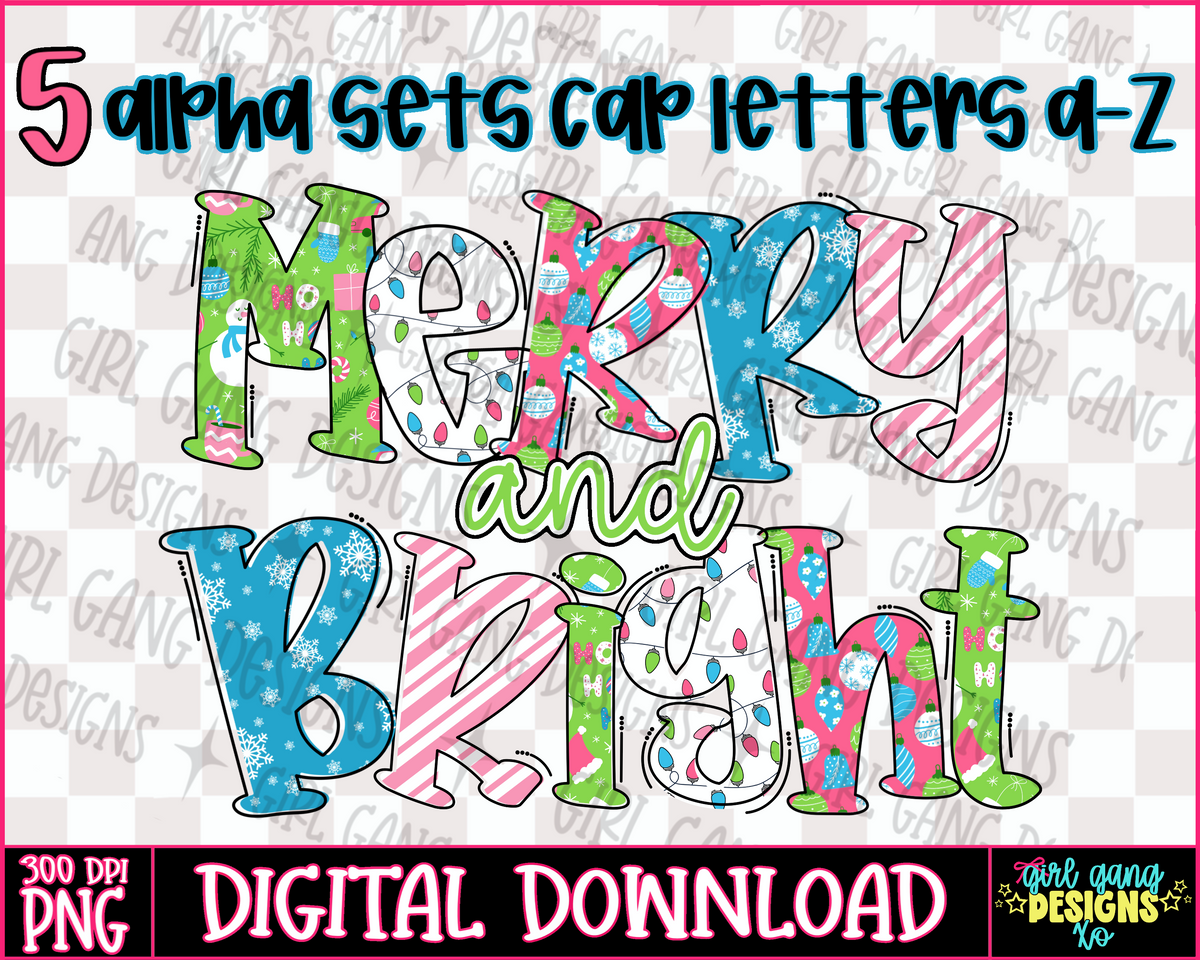 Christmas merry and bright Alpha set | 5 cap a-z letters, pink blue green preppy christmas