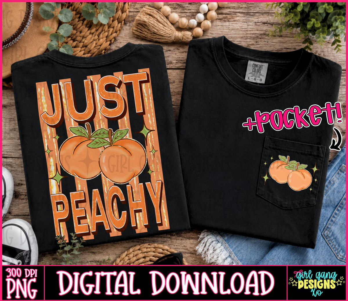 Just Peachy PNG with retro orange lettering, three illustrated peaches, sparkles, stripes, and a matching pocket design