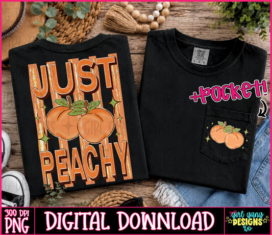 Just Peachy PNG with retro orange lettering, three illustrated peaches, sparkles, stripes, and a matching pocket design
