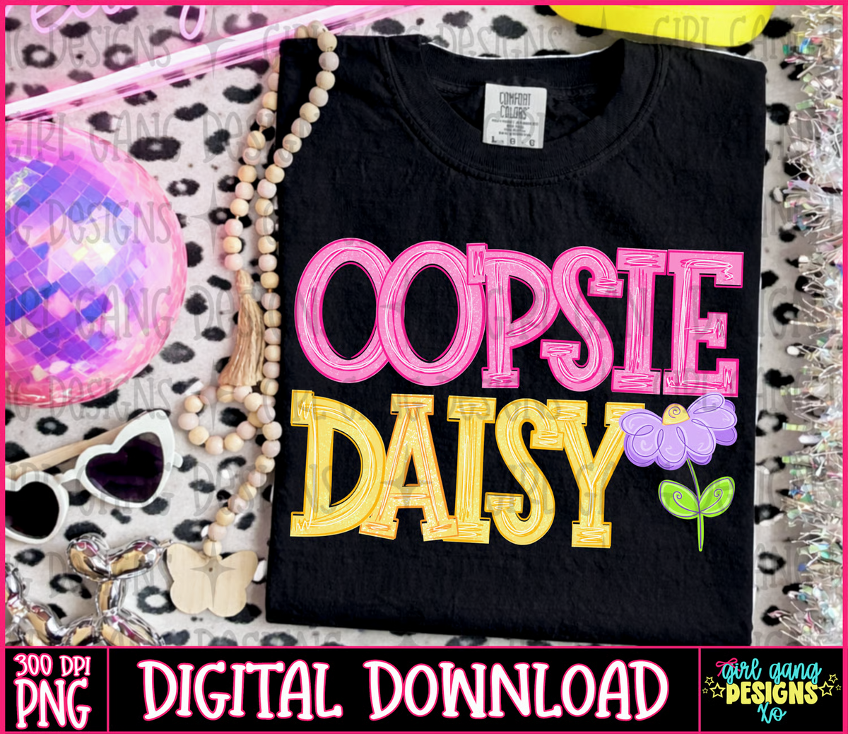 Oopsie Daisy PNG with bright pink and yellow hand-drawn lettering and a whimsical purple flower with green leaves