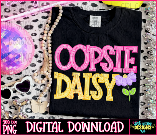 Oopsie Daisy PNG with bright pink and yellow hand-drawn lettering and a whimsical purple flower with green leaves