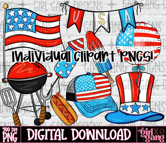Patriotic 4th of July digital clipart bundle featuring an American flag, grill, spatula, fork, hot dog, popsicle, balloon, and patriotic hats, with text reading 'Individual clipart PNGS!' and '300 DPI PNG DIGITAL DOWNLOAD'.