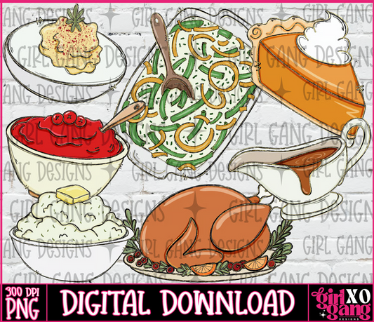 Thanksgiving food clipart bundle with roast turkey, pumpkin pie, mashed potatoes, gravy, cranberry sauce, deviled eggs, and casserole