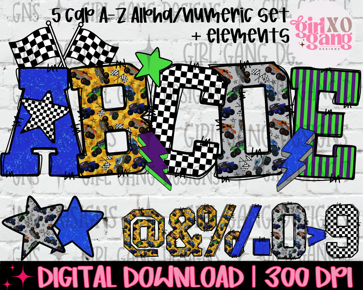 alpha letters and symbols in various automotive-themed patterns, including  checkered flags, stripes, and lightning bolts. Text at the top reads '5 cpr A-Z Alpha/Numeric Set + elements' 'DIGITAL DOWNLOAD | 300 DPI'.