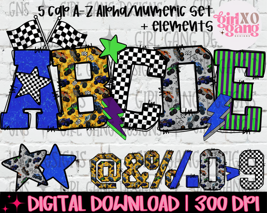 alpha letters and symbols in various automotive-themed patterns, including  checkered flags, stripes, and lightning bolts. Text at the top reads '5 cpr A-Z Alpha/Numeric Set + elements' 'DIGITAL DOWNLOAD | 300 DPI'.
