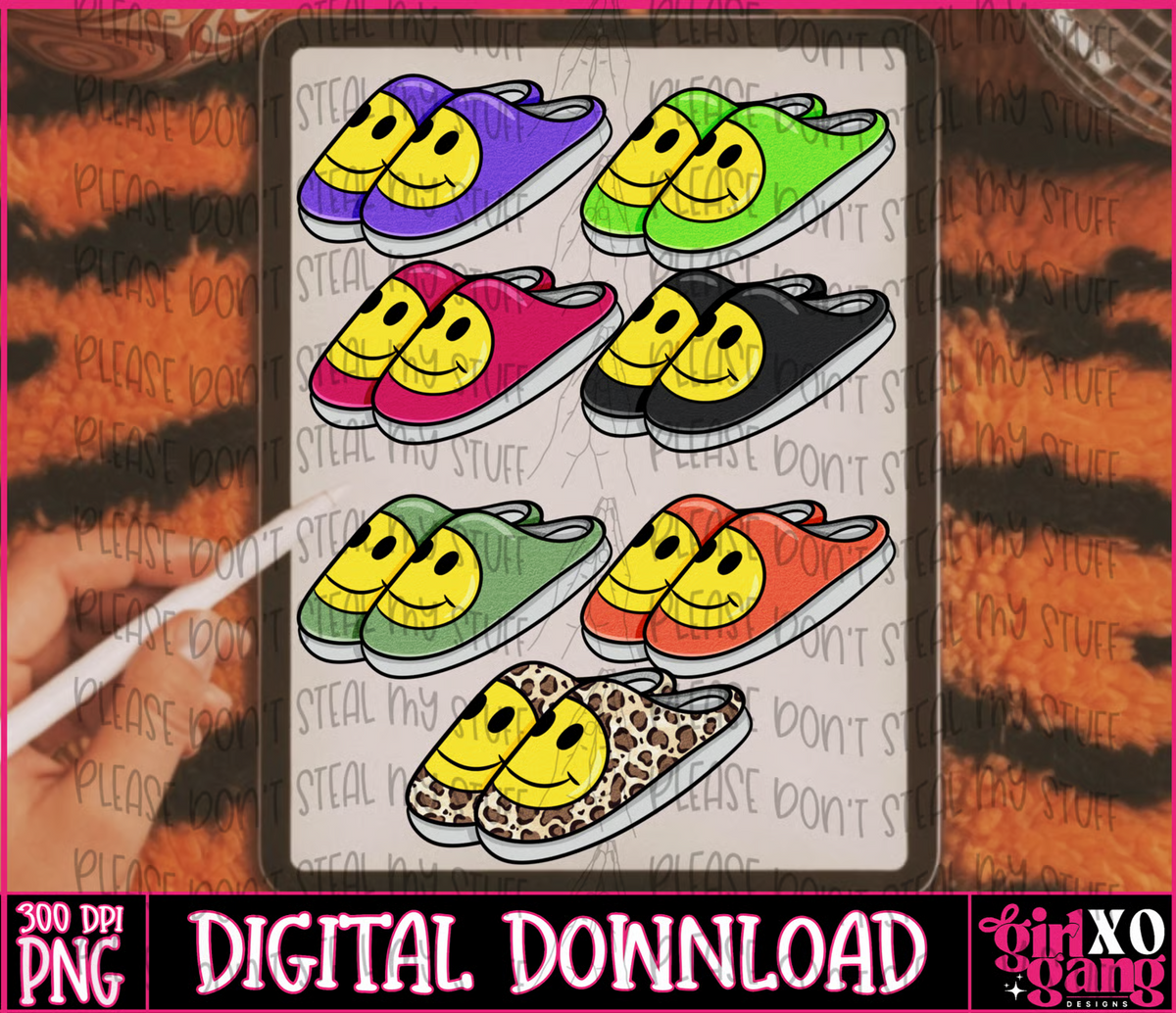 hand drawn happy face slippers png clipart digital download