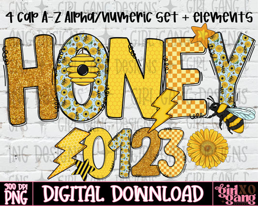 Honey bee alpha set png letters | 4 cap and numeric letters plus elements included
