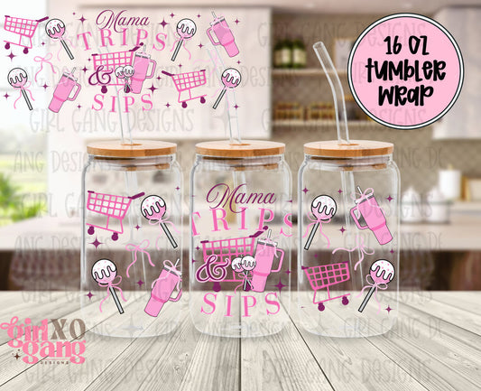 mama trips and sips 16 oz glass can tumbler wrap png | Cake pops pink and coffee shopping png digital download
