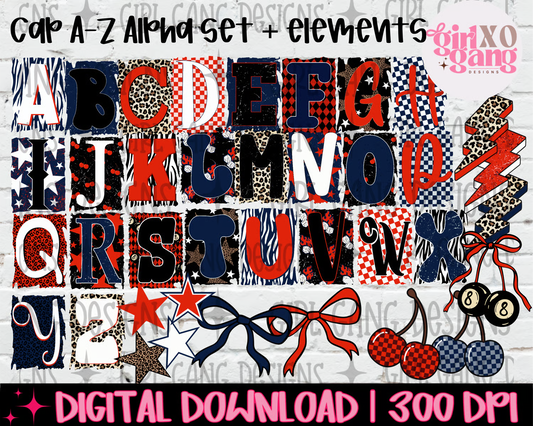 Patriotic red white blue cherry alpha png letters plus elements | Ransom letter alphas