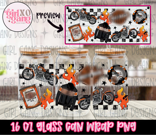 motorcycle 16 oz glass can wrap png | checkered flame biker tumbler wrap 